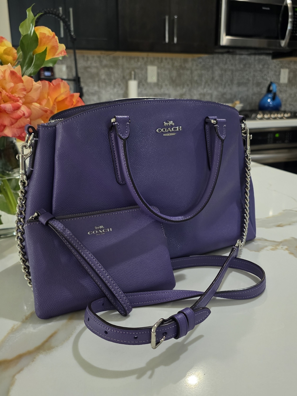 Coach Sage Carryall Purple Pebbled Leather Satchel w/ Crossbody Strap & Wristlet